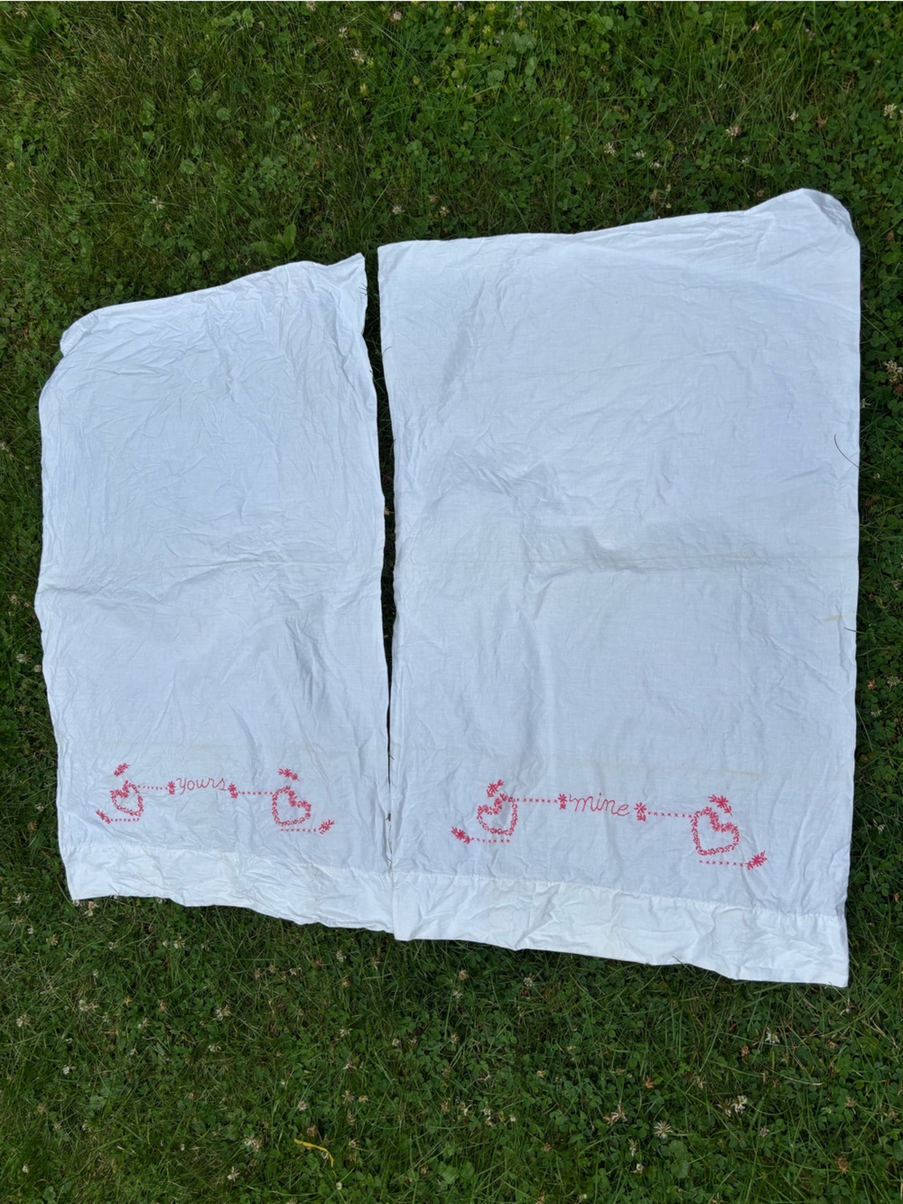 Vintage Hand-Embroidered Pillowcases - "Mine" & "Yours" Set